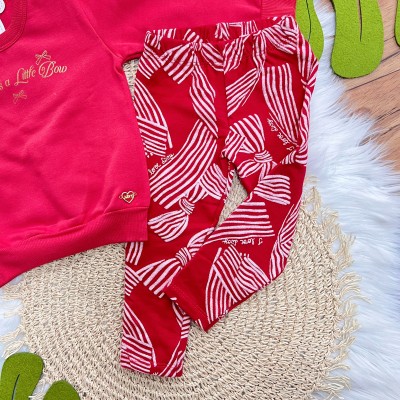  Conj. Casaco Life needs a Little Bow e Calça Legging - Vermelho e Dourado